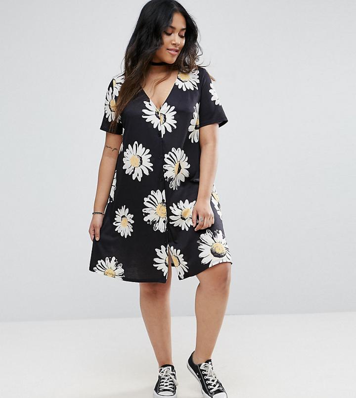 Asos Curve Swing Dress With Button Front In Daisy Print - Multi