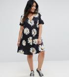 Asos Curve Swing Dress With Button Front In Daisy Print - Multi