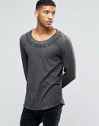 Asos Longline Long Sleeve T-shirt With Yoke Print And Pigment Wash - Gray