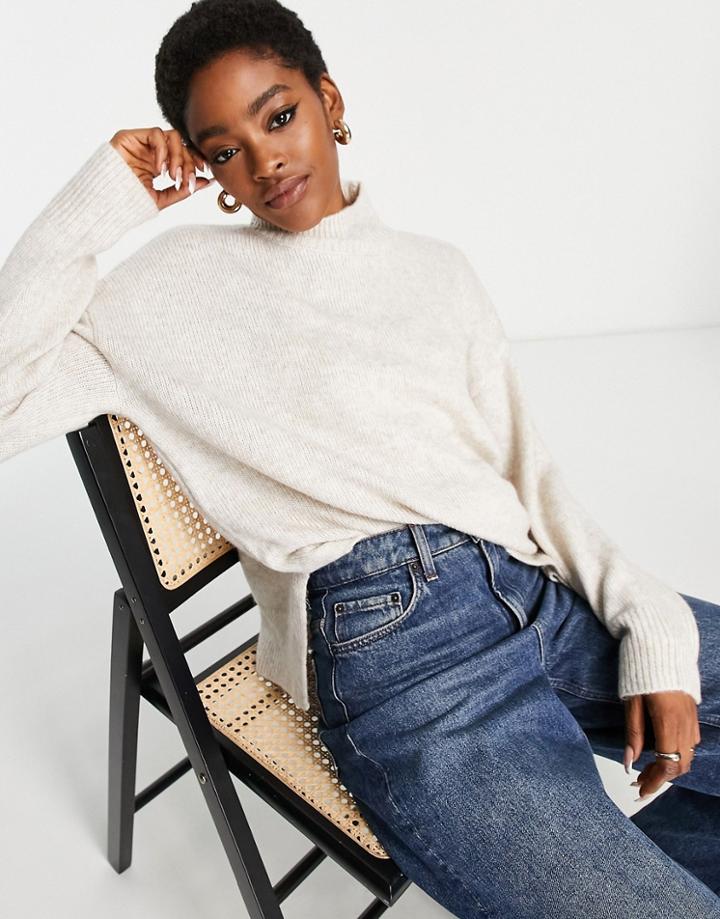 Topshop Soft Knit Sweater With Funnel Neck In Oat-neutral