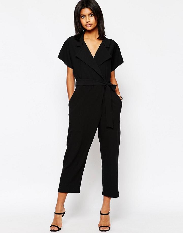 Asos Wrap Front Jumpsuit With Tie Waist - Black