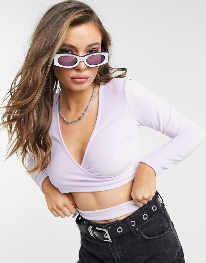 Bershka Cotton Velvet Ballerina Wrap Top In Lilac - Purple