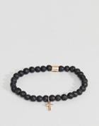 Chained & Able Black Moonrock Beaded Bracelet With Gold Cross - Black