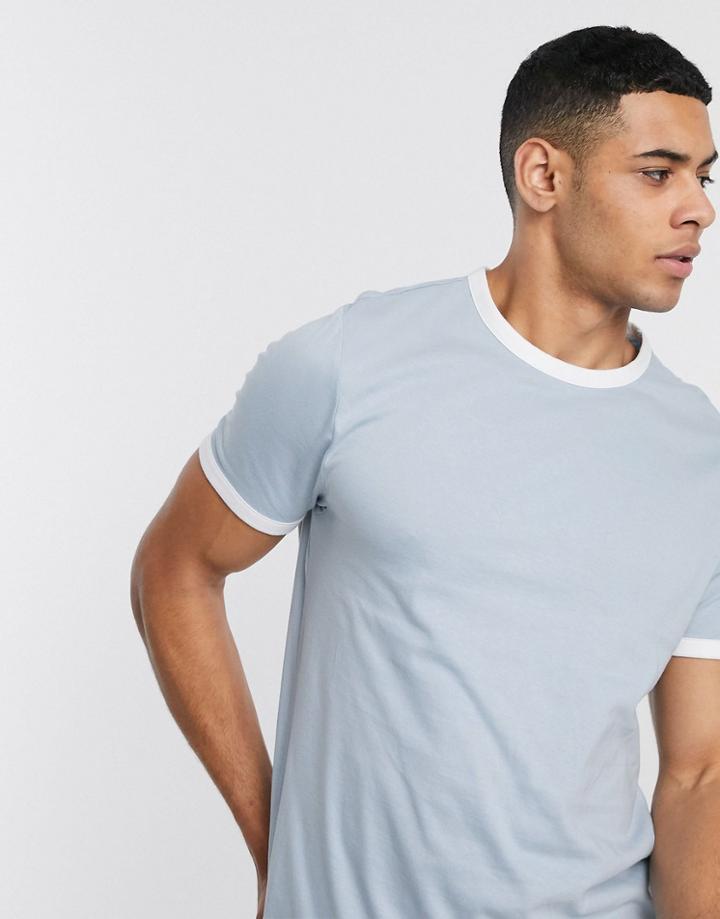 Asos Design Organic T-shirt With Ringer Neck In Blue-blues