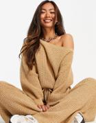 Asos Design Crew Neck Sweater In Waffle Stitch In Camel - Part Of A Set-neutral