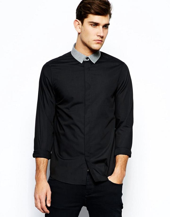 Asos Smart Shirt In Long Sleeve With Contrast Marl Collar - Black
