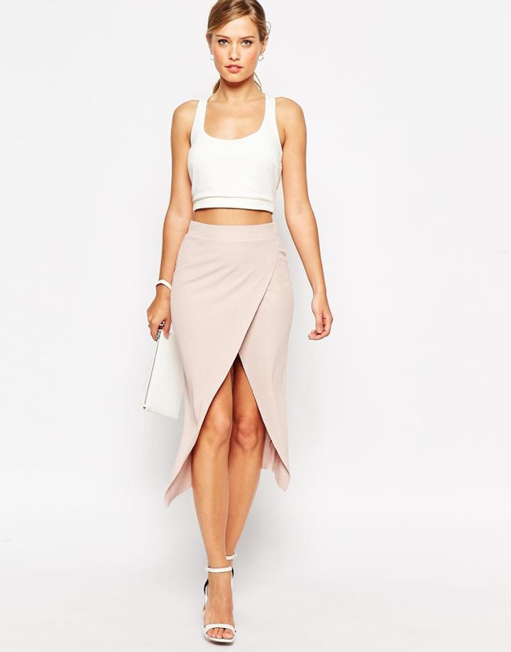 Asos Rib Wrap Midi Pencil Skirt - Nude