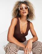 Topshop Knitted Button Through Top In Stone-brown