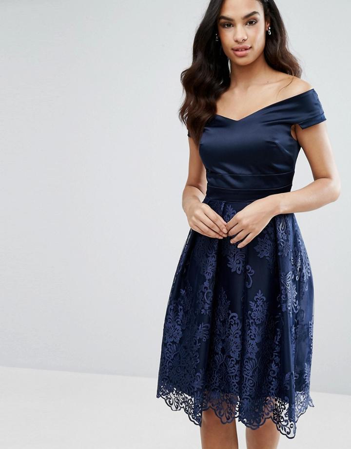 Vesper Off Shoulder Midi Dress With Lace Skirt - Navy