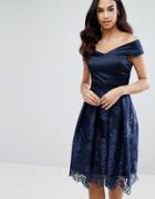 Vesper Off Shoulder Midi Dress With Lace Skirt - Navy