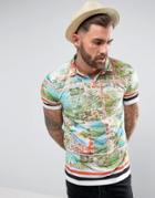 Asos Relaxed Polo With Revere Collar And Grid Palm Print - Multi