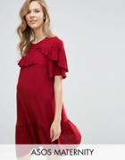 Asos Maternity Woven Short Sleeve Drop Waist Dress With Ruffles - Purple