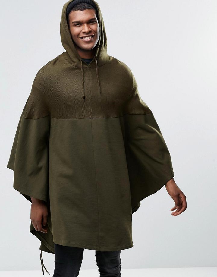 Asos Hooded Poncho In Khaki - Green