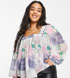 Asos Design Curve Square Neck Top With Blouson Sleeve In Patchwork Floral-multi