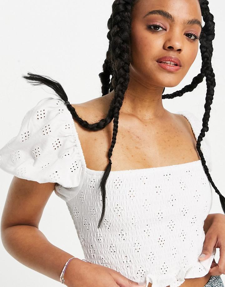 Asos Design Square Neck Broderie Shirred Top With Puff Sleeves In White