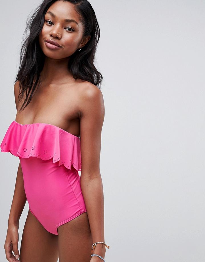 Brave Soul Laser Cut Frill Hem Swimsuit - Pink