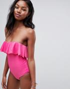 Brave Soul Laser Cut Frill Hem Swimsuit - Pink