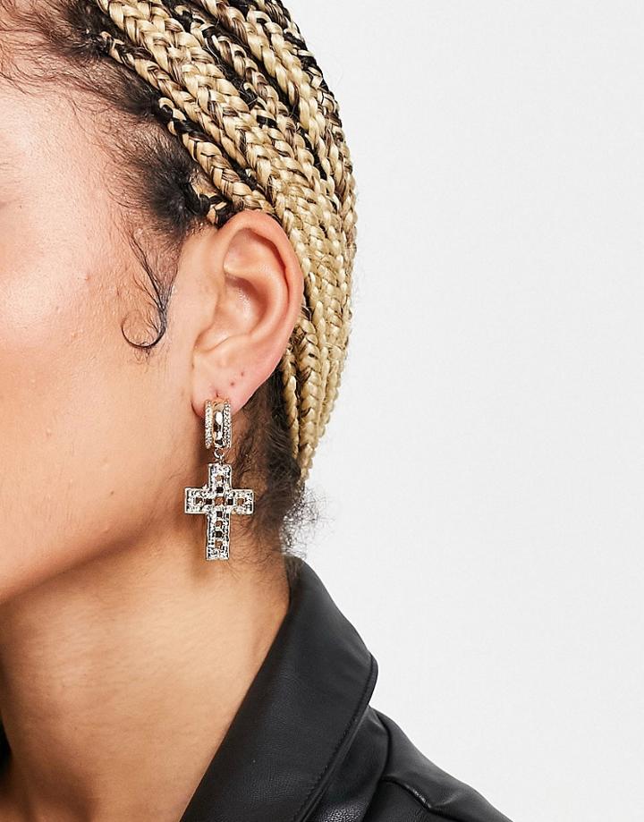Topshop Chunky Cross Drop Hoop Earrings In Gold