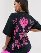 Hnr Ldn Tattoo Back Print Graphic T-shirt In Oversized Fit - Black
