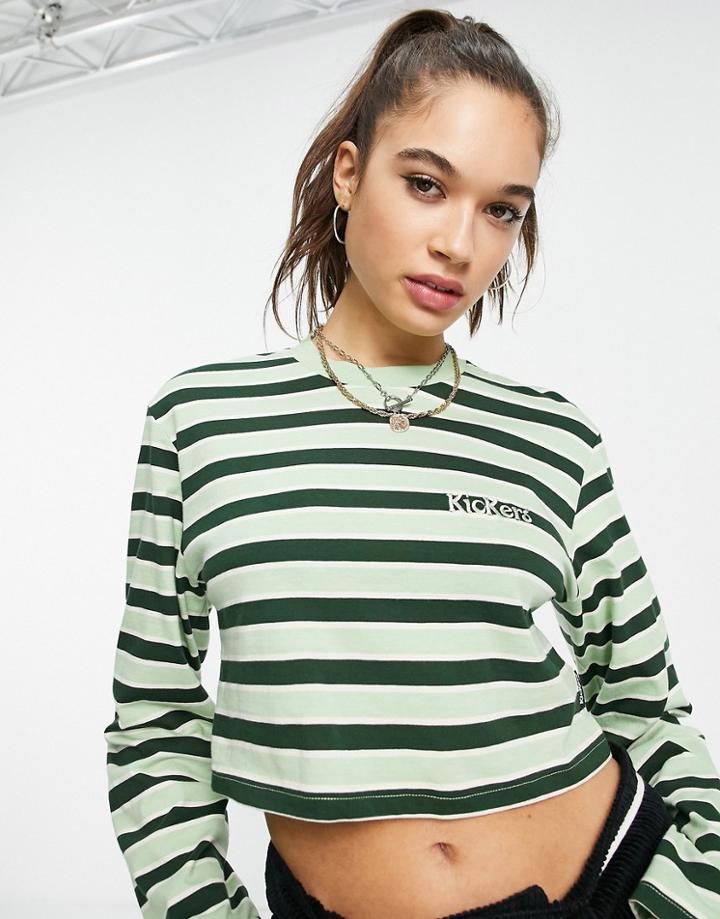 Kickers Cropped Long Sleeve T-shirt In Green Stripe With Logo