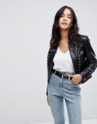 Asos Leather Zip Through Studded Western Jacket - Black