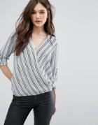 Qed London Striped Wrap Front Blouse - Cream