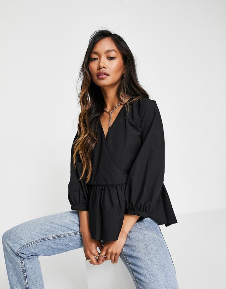 Asos Design Wrap Smock Top With Peplum Hem In Black
