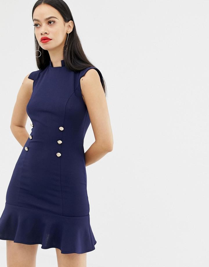 Unique21 Frill Hem Dress With Button Detail - Navy