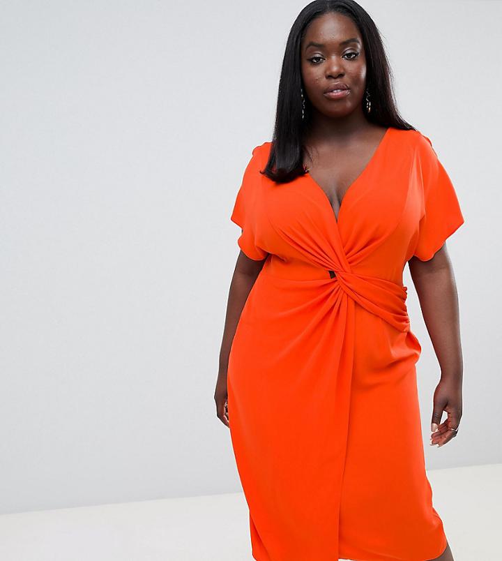 Asos Design Curve Twist Midi Dress With Kimono Sleeve - Red