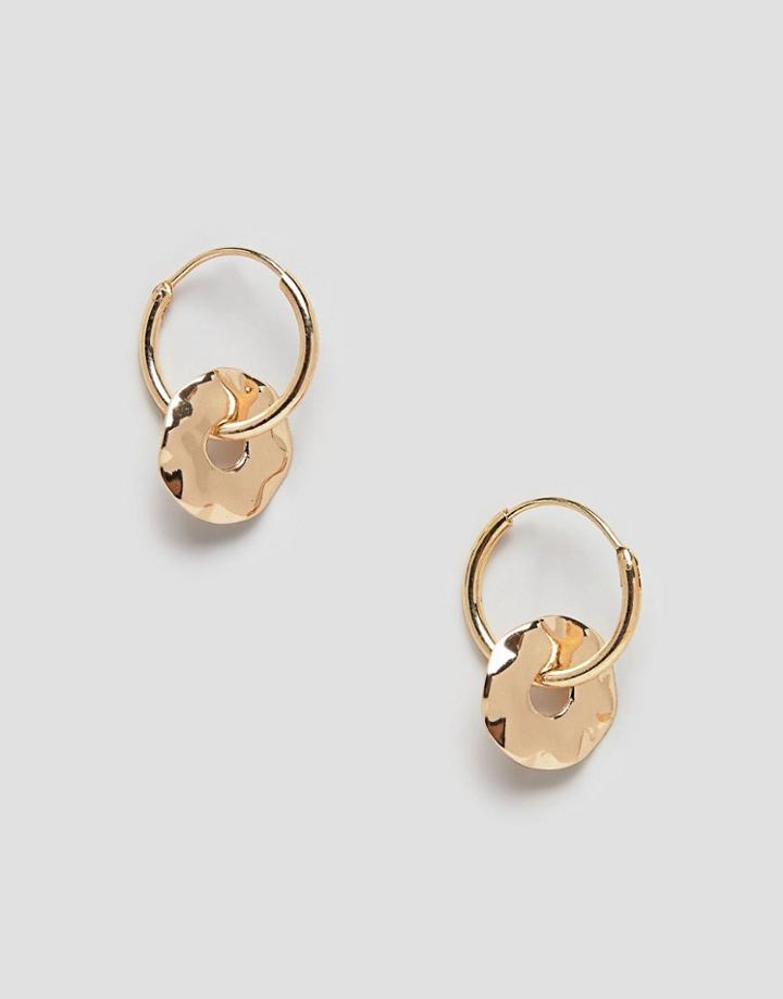 Monki Mini Hammered Charm Detail Hoops In Gold - Gold