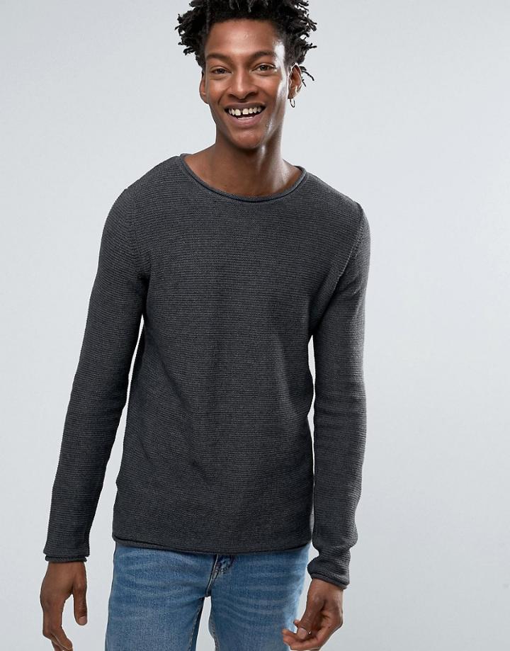 Solid Ribbed Sweater In Gray With Raw Neck - Gray