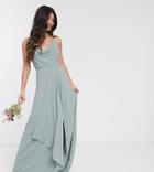 Tfnc Petite Bridesmaid Cowl Neck Cami Strap Maxi Dress With Train In Sage-green