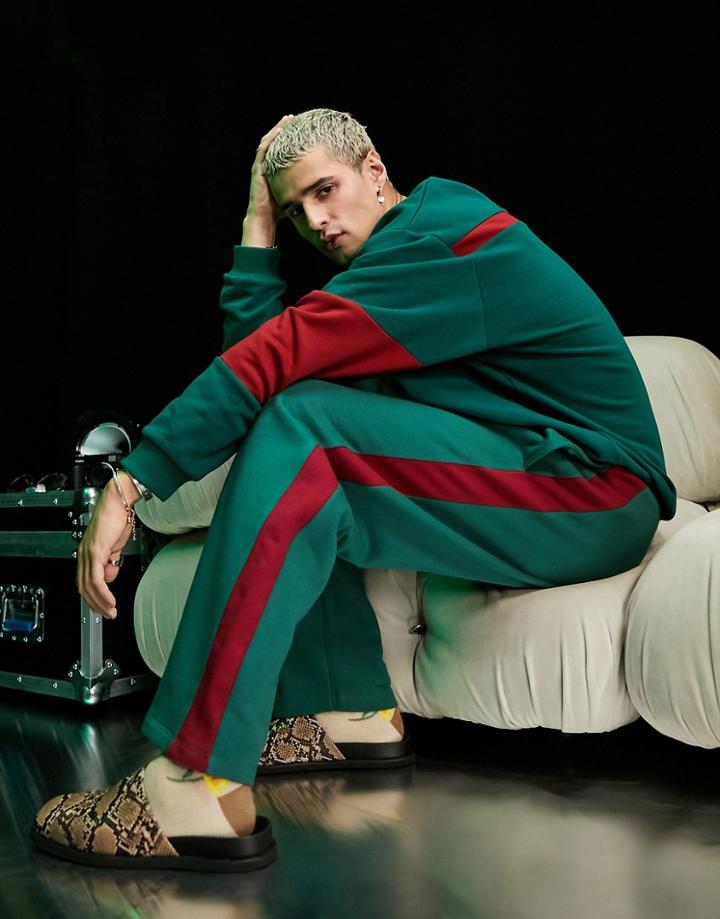 Asos Design Straight Leg Sweatpants With Side Stripe Detail - Part Of A Set-green