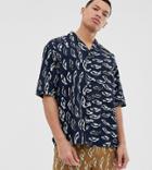 Asos White Tall Two-piece Boxy Shirt In Abstract Print Heavy Crinkle Cotton-navy