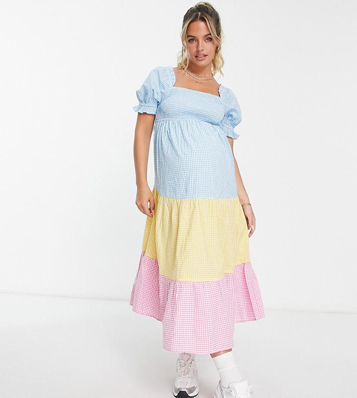 Influence Maternity Puff Sleeve Shirred Midi Dress In Mixed Gingham-multi