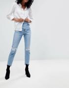 Asos Design High Rise Farleigh 'slim' Mom Jeans In Light Vintage Wash With Busted Knee And Rip & Repair Detail-blues