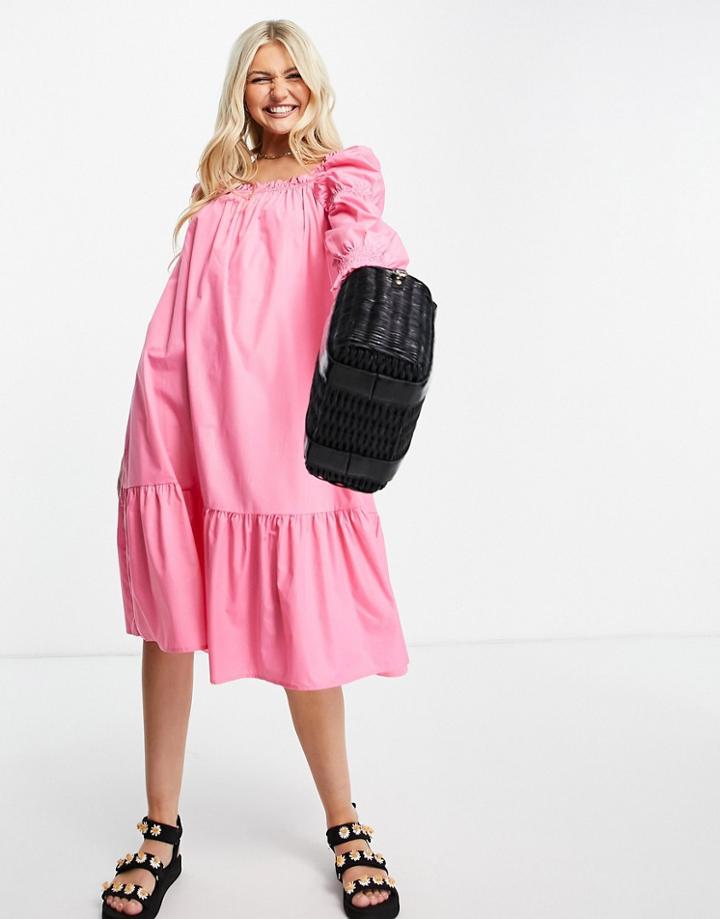Qed London Cotton Poplin Midi Dress In Bright Pink