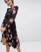 Asos Floral Insert Midi Dress With Long Sleeves - Multi