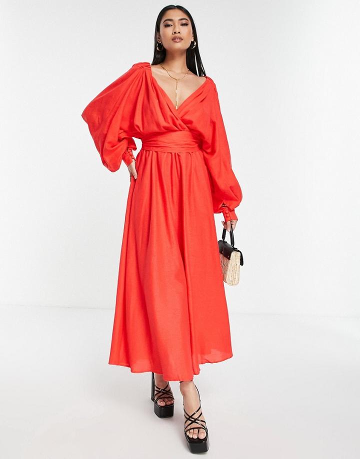 Asos Edition Off-shoulder Linen Wrap Belted Midi Dress In Red