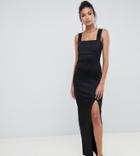 Asos Design Tall Square Neck Maxi Dress With Thigh Split-black