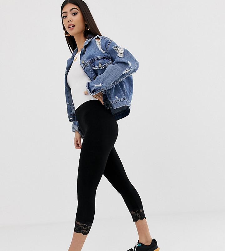 Asos Design Petite Over The Knee Legging With Lace Hem - Black