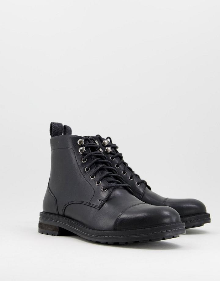 Walk London Wolf Toe Cap Boots In Black Waxy Leather