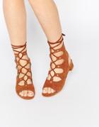 Eeight Marley Mocha Suede Tie Up Block Heel Sandals - Tan