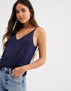 Asos Design Formal Cami With V Front And Back In Lyocel In Navy
