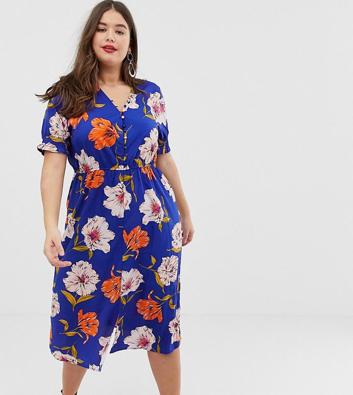 Influence Plus Floral Midi Dress With Shirred Sleeves - Navy