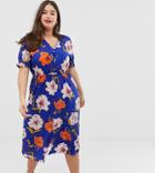 Influence Plus Floral Midi Dress With Shirred Sleeves - Navy