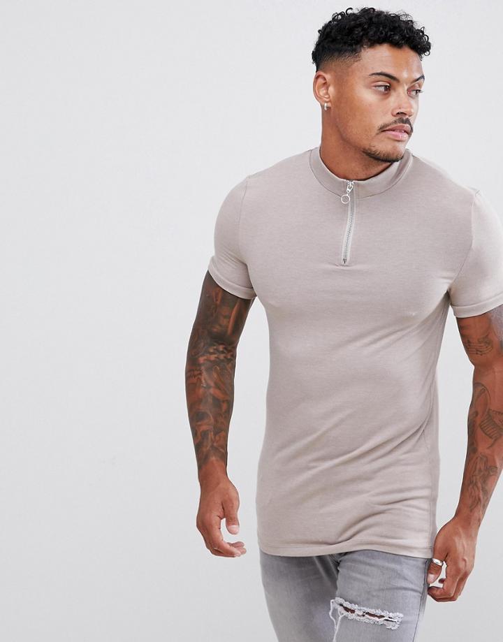 Asos Design Muscle Fit Zip Turtleneck T-shirt With Stretch In Beige - Beige