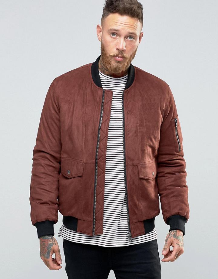 Asos Faux Suede Bomber With Patch Pocket In Burgundy - Burgundy