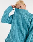 Asos Design Oversized Knitted Plated Cable Sweater In Blue-blues