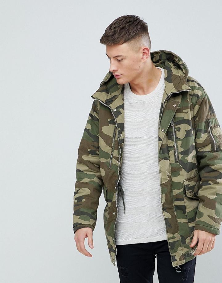 Pull & Bear Padded Parka Jacket With Hood In Khaki - Green